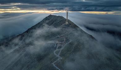 the top of Gaustatoppen in foggy weather