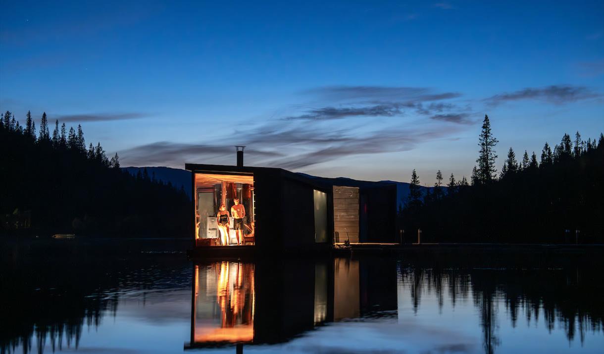floating sauna at Gausta in the evening