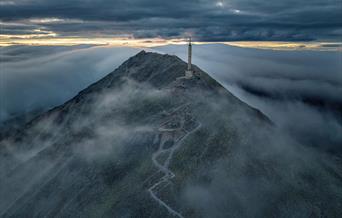 the top of Gaustatoppen in foggy weather