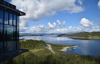 View from the terrace at Hardangervidda National Park Center over lake Møsvatn