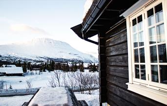 view towards Mount Gausta in winter from the terrace of the cabin at Gaustablikk fjellhytter