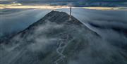 the top of Gaustatoppen in foggy weather