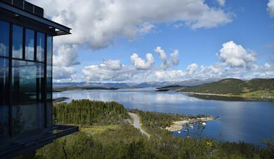 View from the terrace at Hardangervidda National Park Center over lake Møsvatn